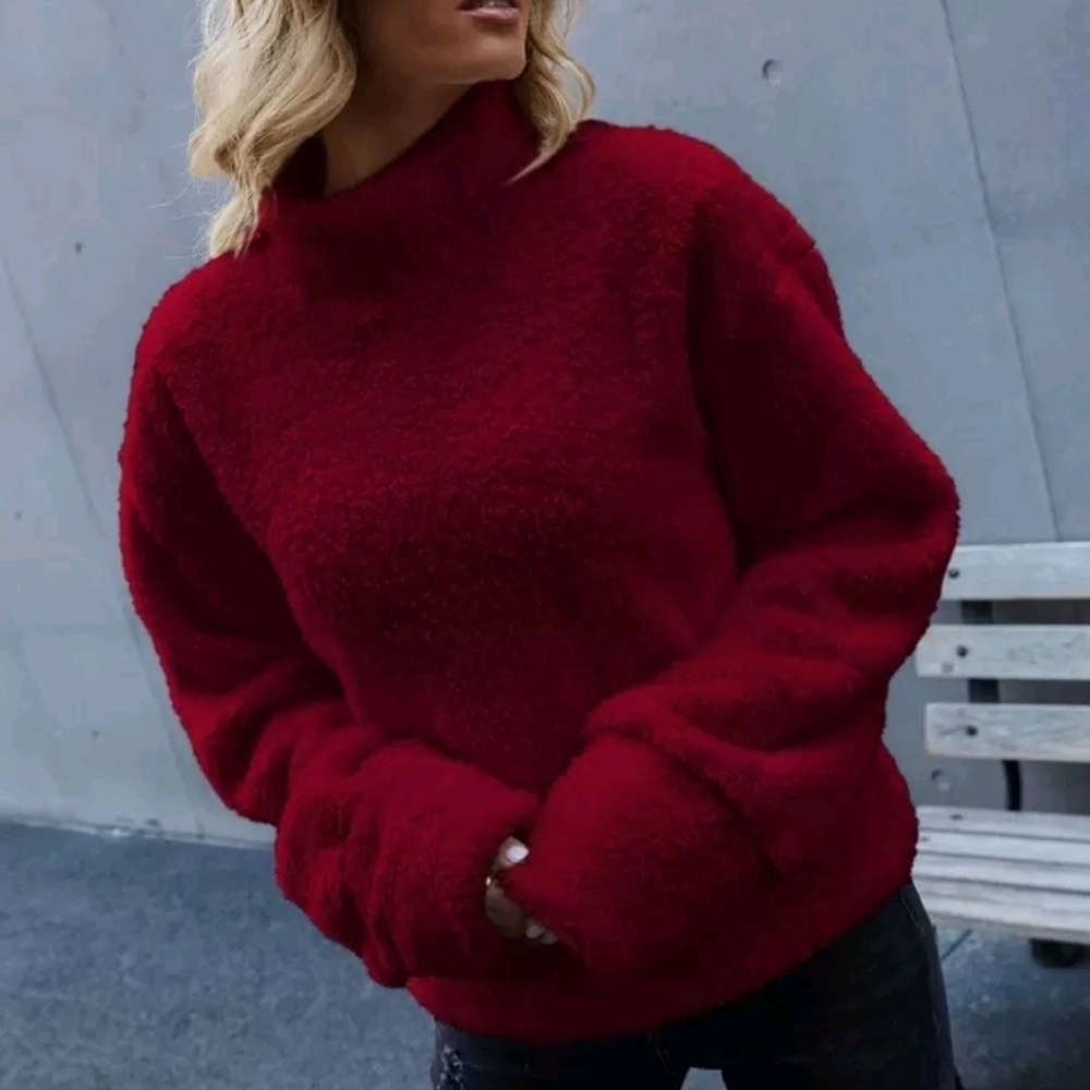 Shein High Neck Drop Shoulder Oversized Burgundy Teddy Sweatshirt Size Medium - Picture 2 of 10